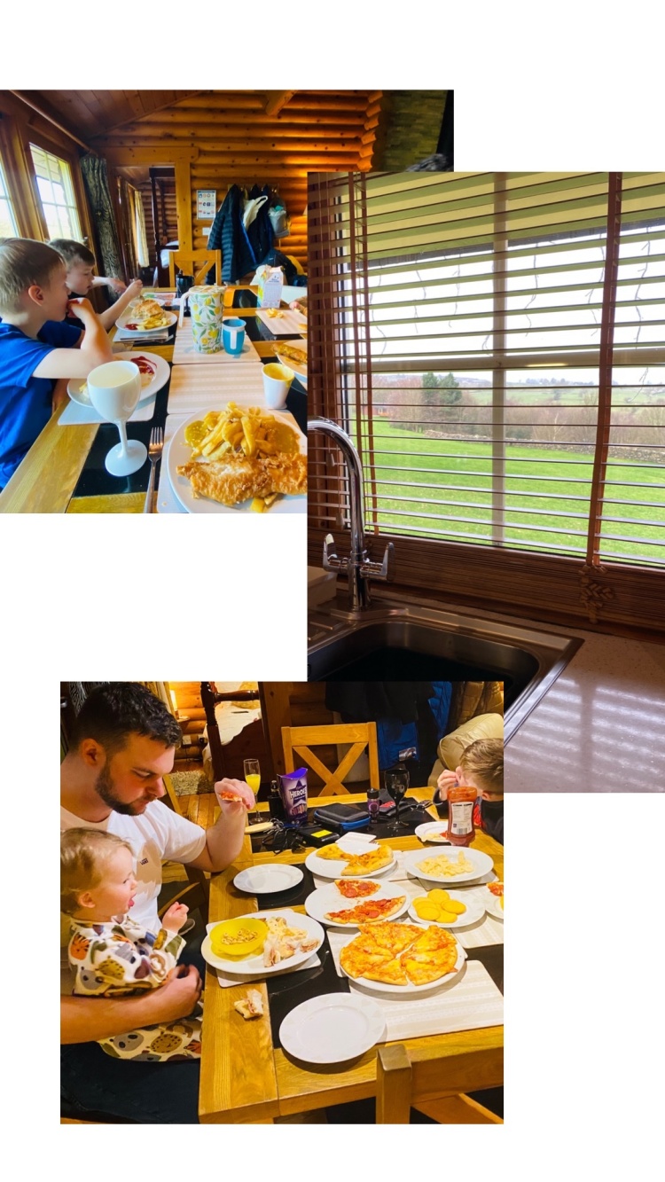 Eating as a family in log cabin 